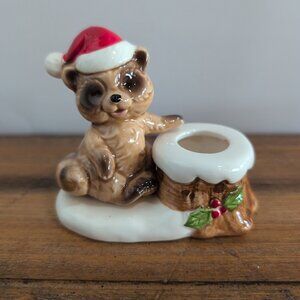 Vintage Lund's Lites Racoon Porcelain Taper Candle Holder Christmas Holiday...